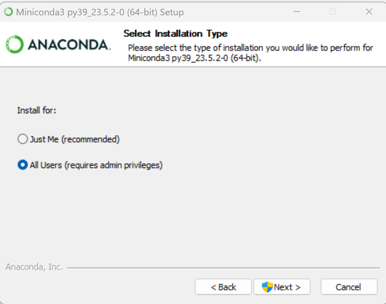 Install miniconda with python 3 9